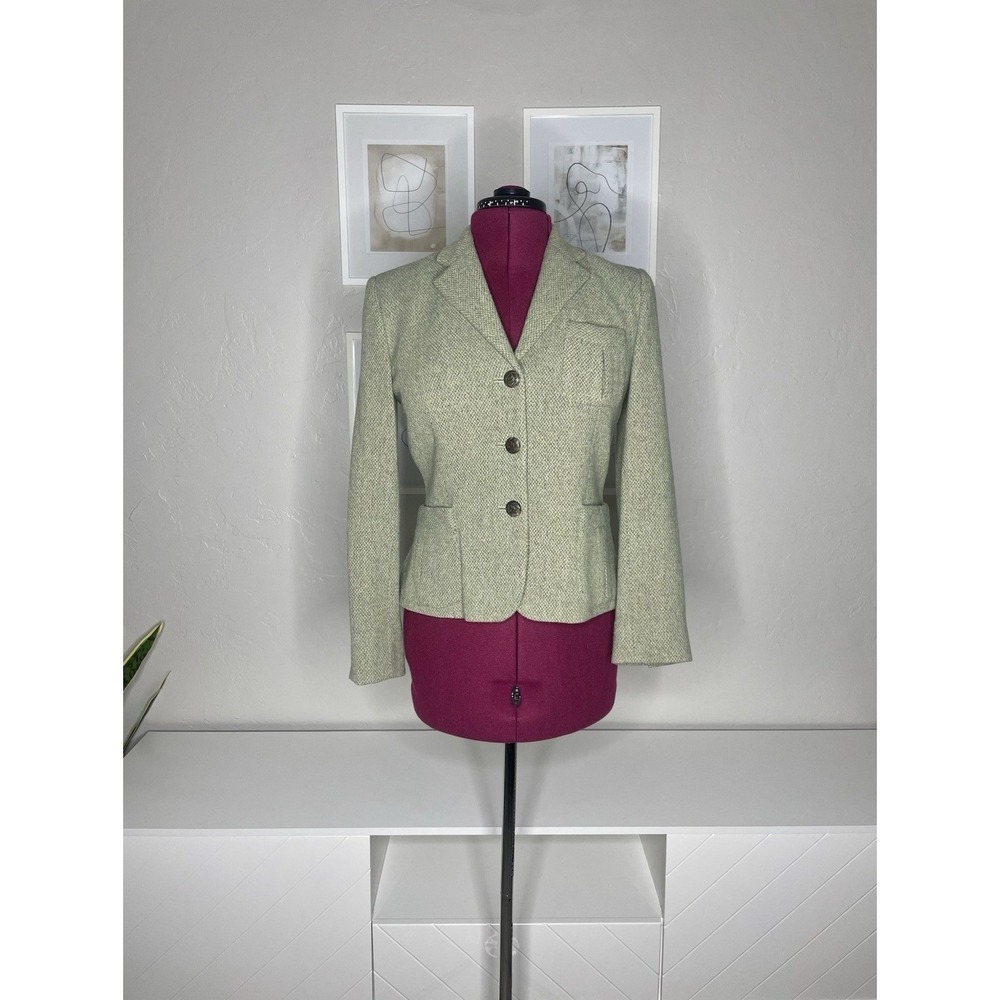 Lauren Ralph Blazer Jacket Women 10P Equestrian Tweed WoolBlend Horse Head Green